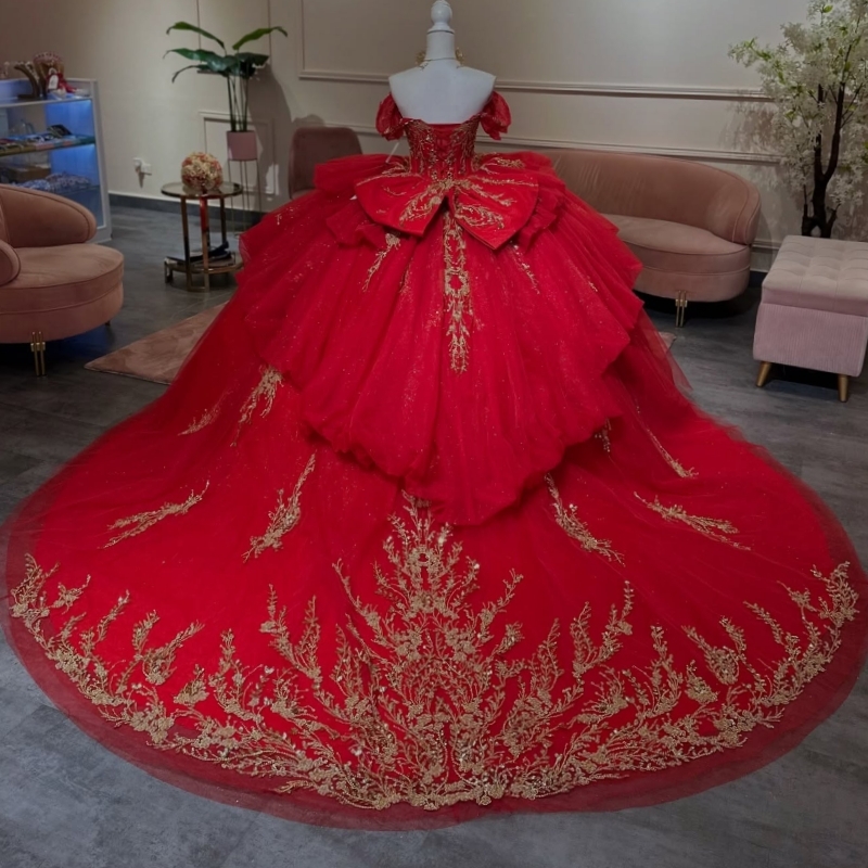 Red Shiny Quinceanera Dresses Off The Shoulder Gold Applique Lace Bow Beading Crystal Tull Party Birthday Sweet 16 Dress Vestidos De 15 Anos