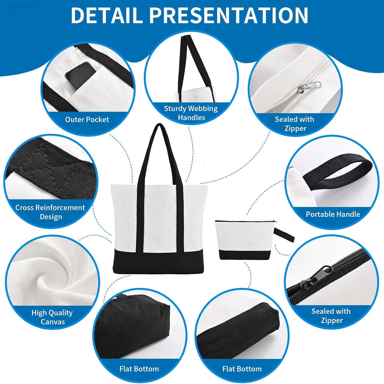 2 Pcs Canvas Tote Bags Bulk and Makeup Pouches Set 12oz Cotton Reusable Zippered Grocery Bags with Handles DIY Sublimation Halloween Craft Beach Trave