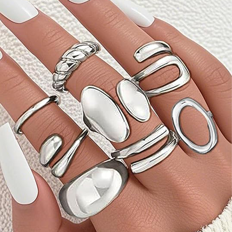 12Pcs Silver Chunky Rings Stackable Open Knuckle Ring Set Hollow Heart Twist Croissant Dome Band Statement Finger Rings for Women Silver Tone Adjustab