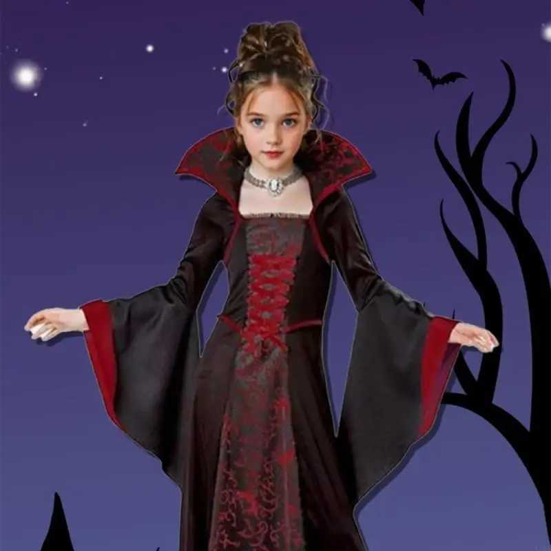 Y3NE Children Halloween Witch Dress Floral Lace Up Witch Dress with Sleeve L250918