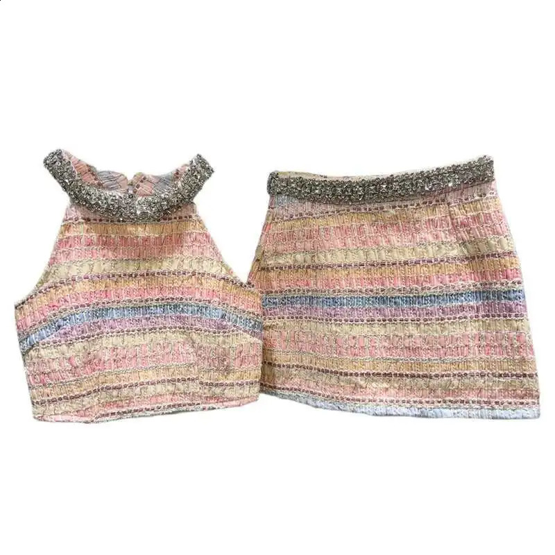 DEAT Fashion Twopiece Set Rhinestone Edge Halter Vests Female Stripe Contrast Color Short Skirts For Women Spring 11A03619 250818