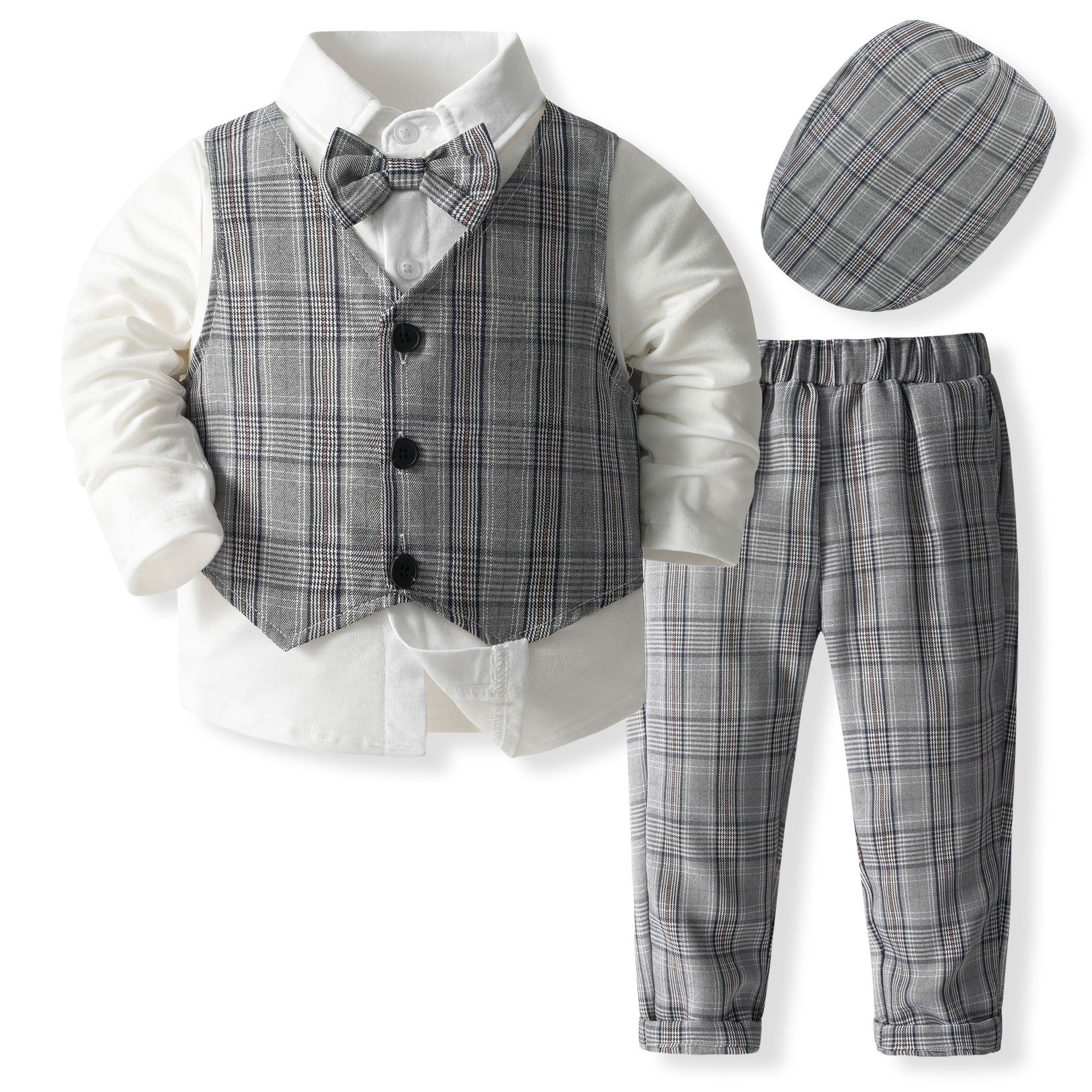 New Spring & Autumn Boys' Formal Outfit Shirt Vest & Pants Set Toddler Baby Suit for Kids Free Shipping for Wedding Party stripe 2025 With Hat