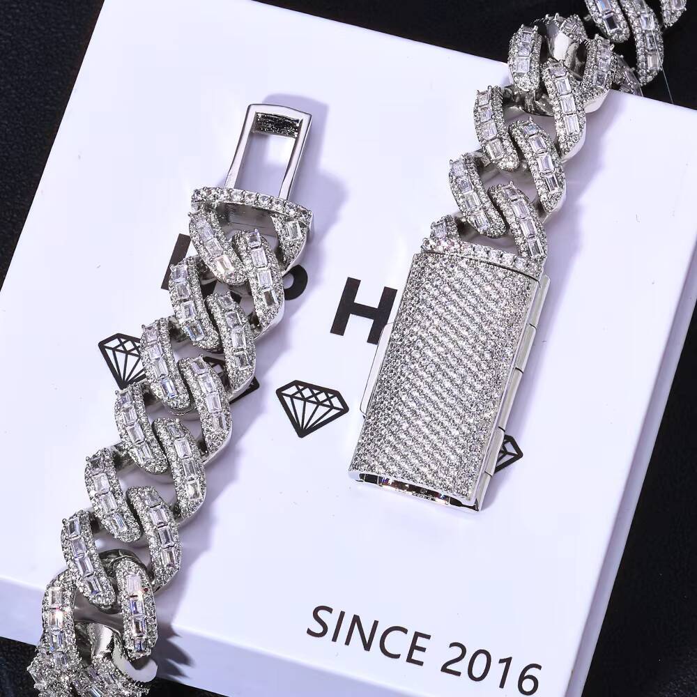 NUOYA 18mm 925 Silver Cuban Chain Iced Out Flip Buckle VVS Moissanite Baguette Mixed Inlay Cuban Necklace Hip Hop Jewelry