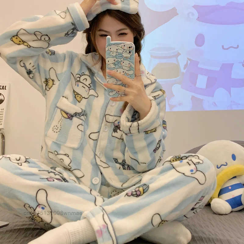 Sanrio Cinnamoroll Melody Kuromi Cotton 2 Pcs Pjs Women Autumn Winter New Pajamas Warm And Cute Cartoon Flannel Home Furry Set L250919