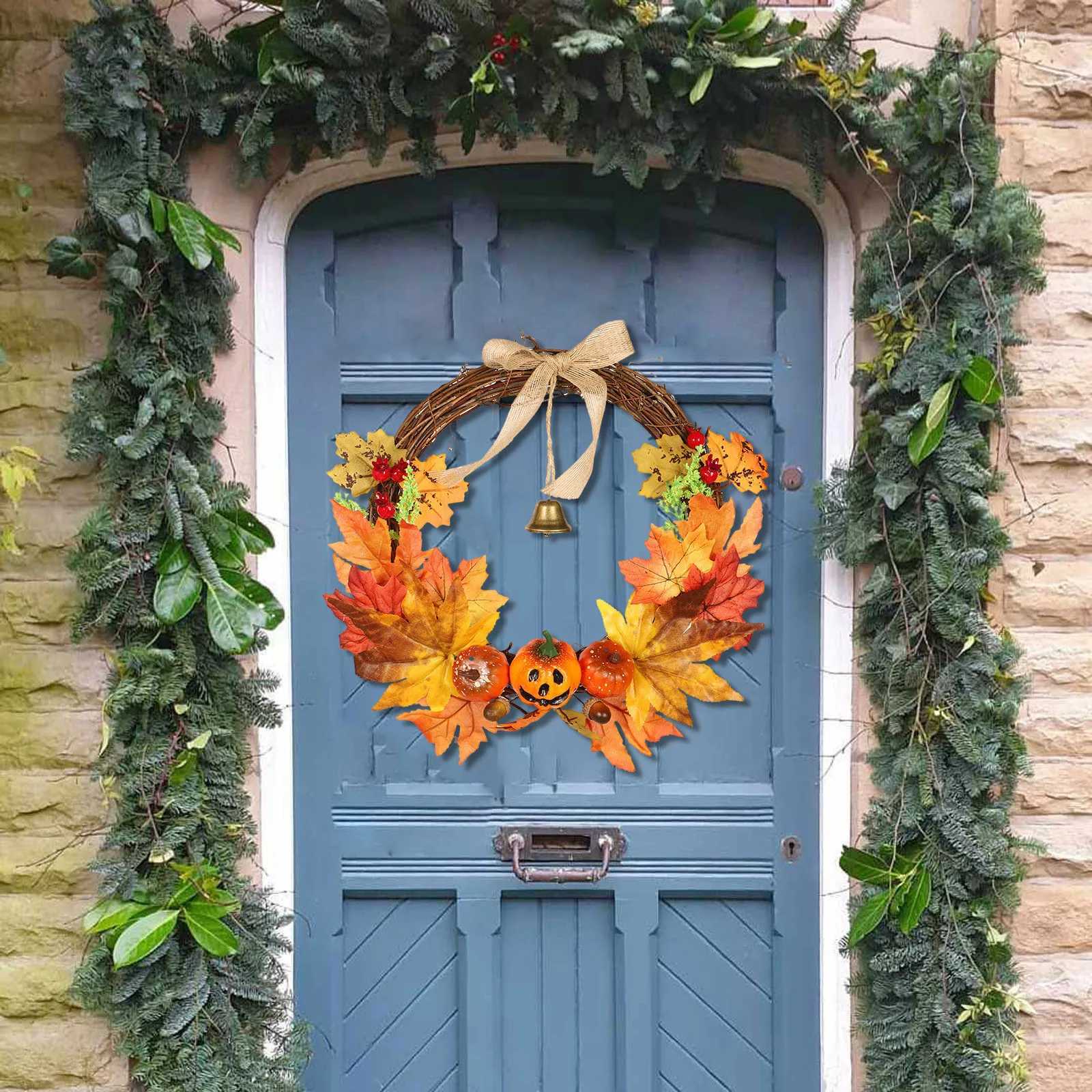 New Halloween Hanging Simulation Pumpkin Maple Leaf Bell Wreath Decoration Home Door Wall Ornament Crafts Decoration C250919
