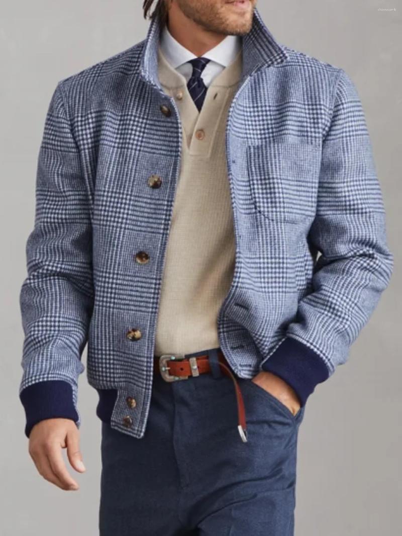 Men's Jackets Contrast Color Stand Pockets Plaid Woolen Jacket For Men Patchwork Vintage Casual Baggy Windbreaker Coat Oversized Loose