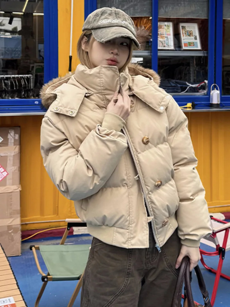 Autumn Winter Fur Hooded Jacket Women Outerwear Thick Dowon Cotton Padded Slim Short Parkas Female Cropped Puffer Bubble Coat 250919