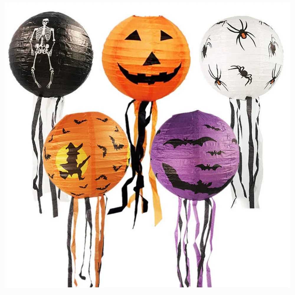 Runtow 5pcs 25cm Halloween Paper Lanterns Pumpkin Spider Bat Skeleton Lantern for Halloween Party Decor Not Include Light C250919