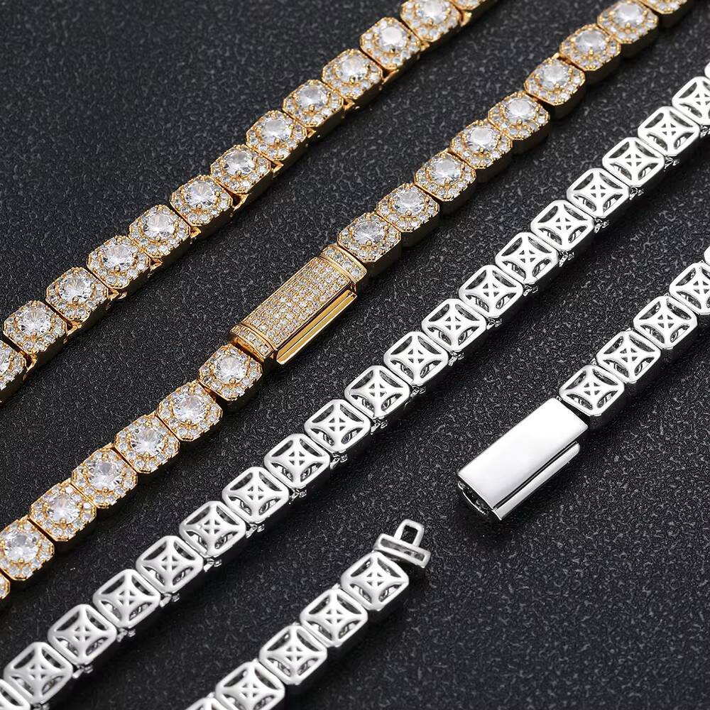 NUOYA Iced Out Cluster Tennis Chain Necklace 7mm Gold Plated Shiny Diamond Cut Moissanite Thin Fine Hip Hop Jewelry