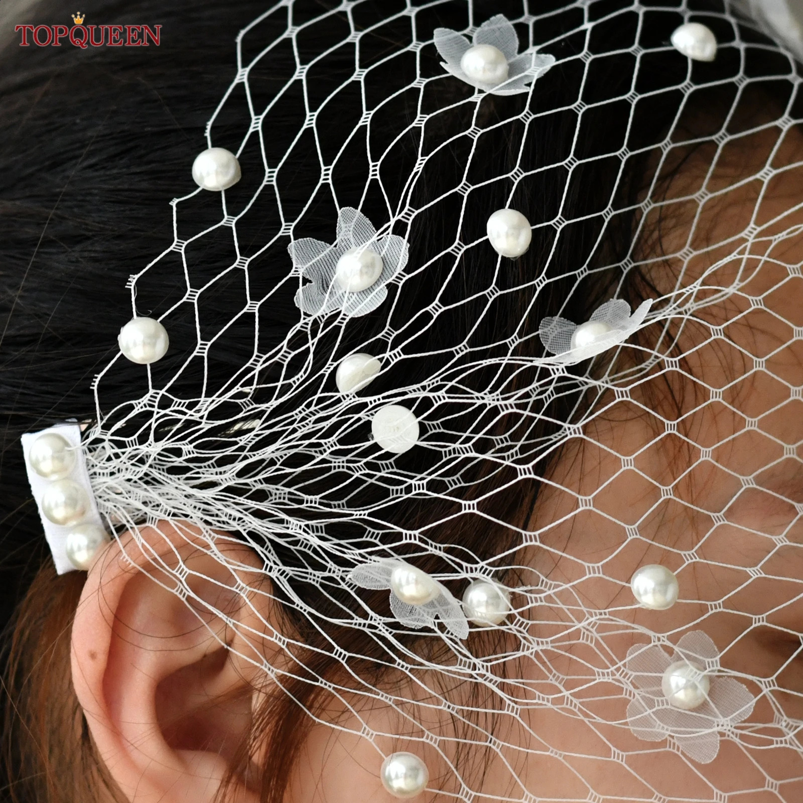 TOPQUEEN Va05 3d Flower Single Layer Bird Cage Veil Blusher Veil White Black Pearl Headband Bridal Hair Accessories Customizable 250918