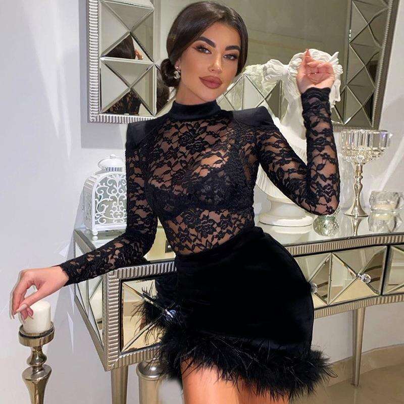 Autumn Sexy Bodycon Lace Patchwork Velvet Sheer Hot Girl Short Dress Women