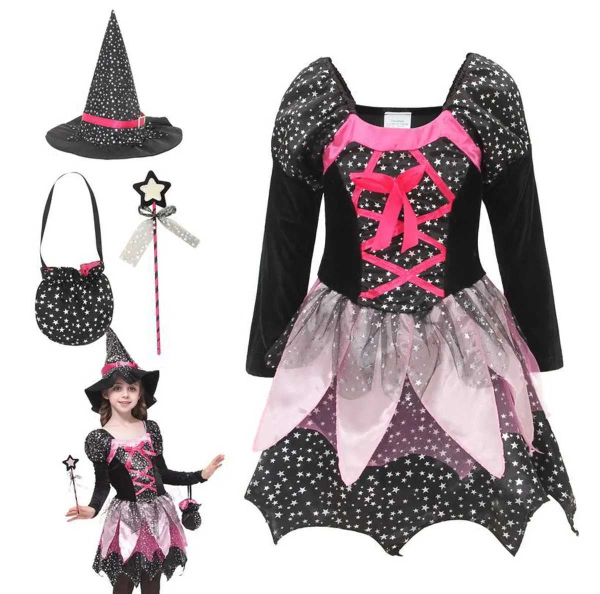 2025 Halloween Festive Party Girl Cosplay Witch Pink Long Sleeve Classic Cute Clothing Hat Magic Stick Pumpkin Bag Set L250918