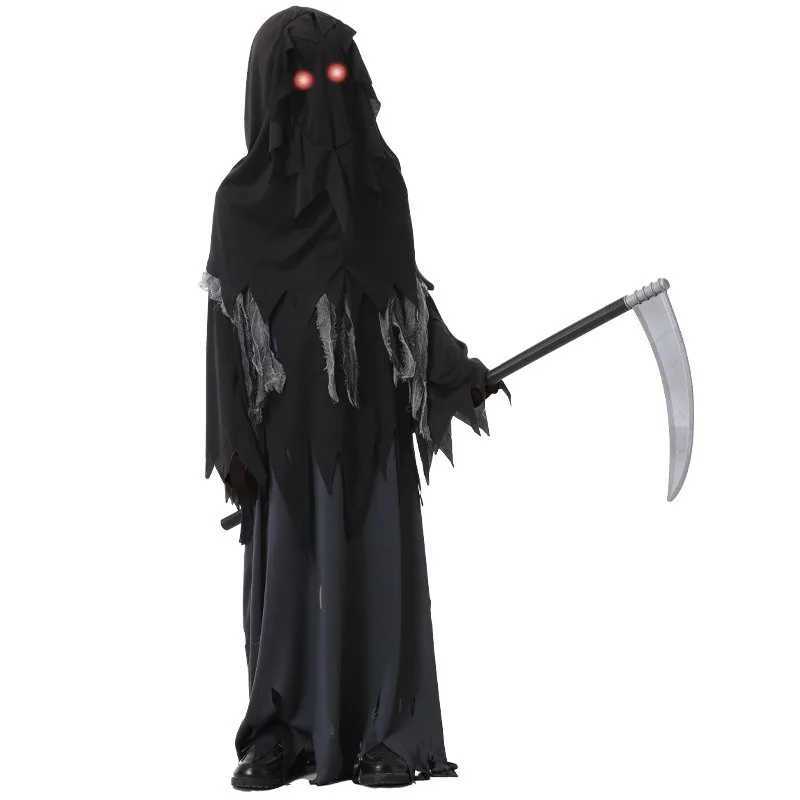 Halloween Children Cosplay Costume Torn Cloth Ghost Long Black Robe Red Glasses Sickle Pumpkin Bag Suit Terror Roleplay Outfits L250918