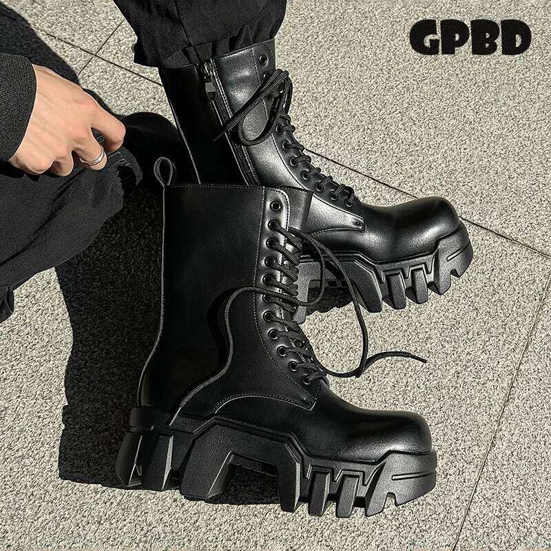 GPBD Gear Bottom Bulldozer Boot Men's 2025 Autumn High Fashion Punk Work Motorcycle Boots High-top Leather Shoes Trend
