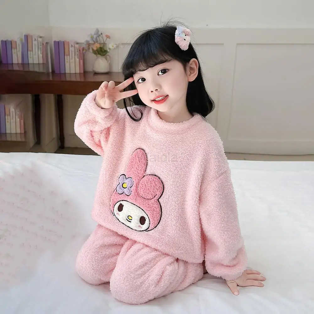 Sanrio 2Pcs Kawaii Kuromi Pajamas Kids Hello Kittys Plush Pajamas Anime Autumn Cartoon Girls Cute Flannel Top Pants Warm Home Wear Gift L250919