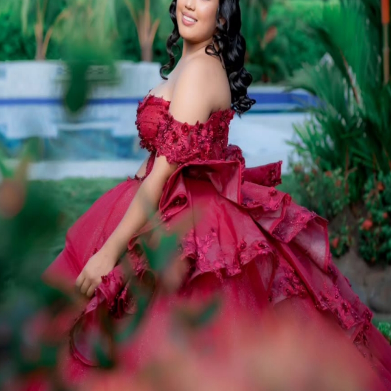 Red Shiny Quinceanera Dresses Off The Shoulder Applique Lace Bow Beads Tiered Tull Party Birthday Sweet 16 Dress Vestidos De 15 Anos