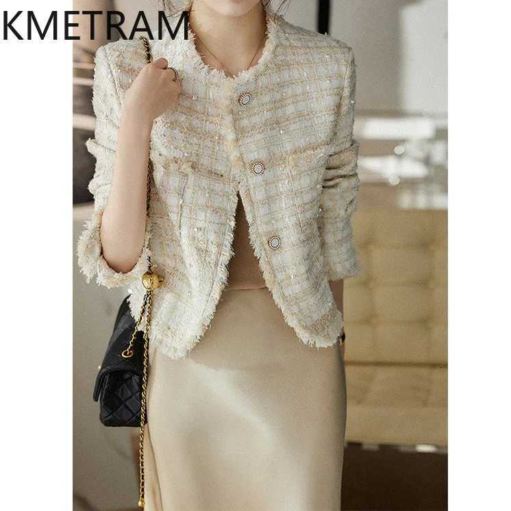 KMETRAM Real Wool Tweed Jackets Pearl White Jacket High Quality New in Outerwear Fall Clothes Women 2024 Chaquetas Para Mujer Z250918