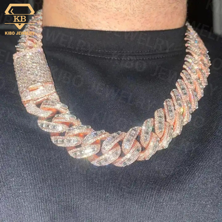 22mm Vermeil Hip Hop Silver With Rose Gold Plated Chains Necklace Emerald Cut Moissanite Diamond Iced Out Cuban Link Chain