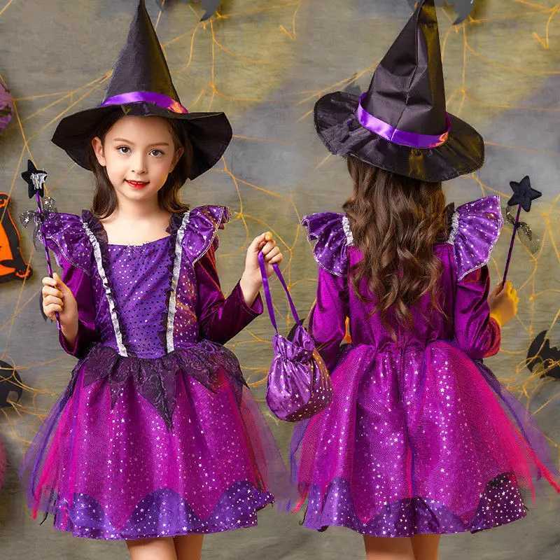 Girls Halloween Party Costumes Witch Dress Kids Carnival Costume Vestidos Party Cosplay Dress Bag Hat Wand Suit Clothes L250918