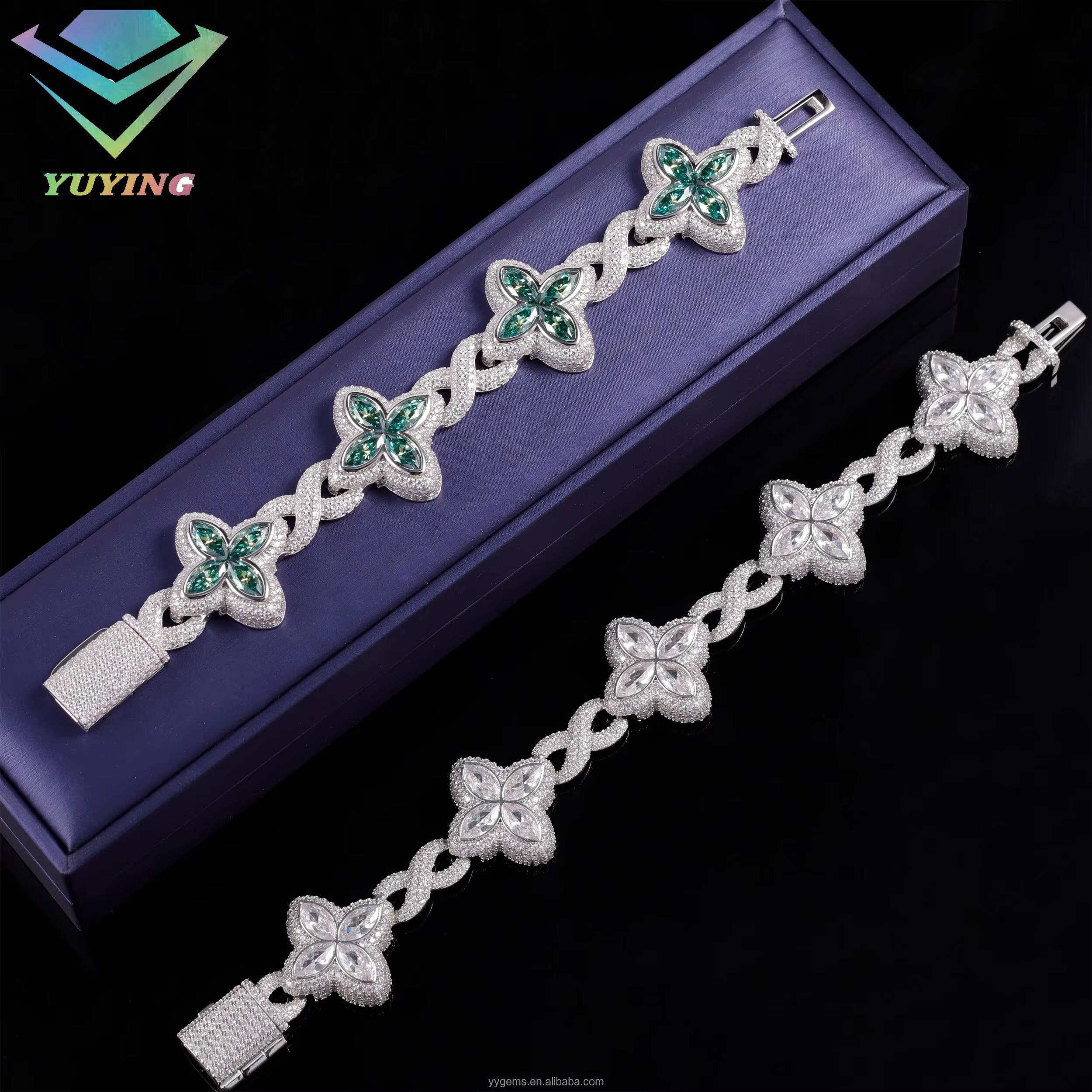 Yu Ying Men Women Fancy Colors Diamonds Infinity Cuban Links Gold Plated 925 Silver Four Leaf Clover Charms Bracelets Jewelry