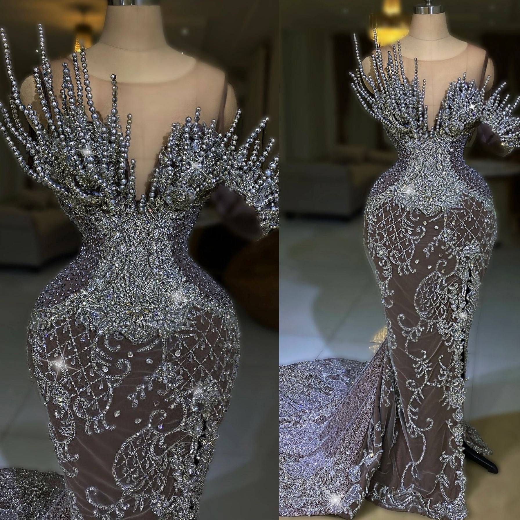 Mermaid Brown Prom Dresses 2025 Illusion Pearls Lace High Split Evening Formal Party Second Birthday Engagement Gowns Plus Size Dress For Special Occa