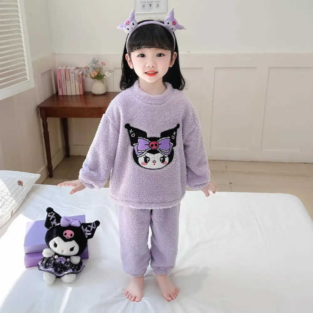 Sanrio 2Pcs Kawaii Kuromi Pajamas Kids Hello Kittys Plush Pajamas Anime Autumn Cartoon Girls Cute Flannel Top Pants Warm Home Wear Gift L250919