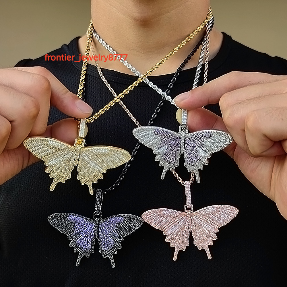 Nuoya Custom Jewelry Iced Out Butterfly Pendant Necklace for Women Hip Hop Full Pave Colorful Moissanite Charm Pendant