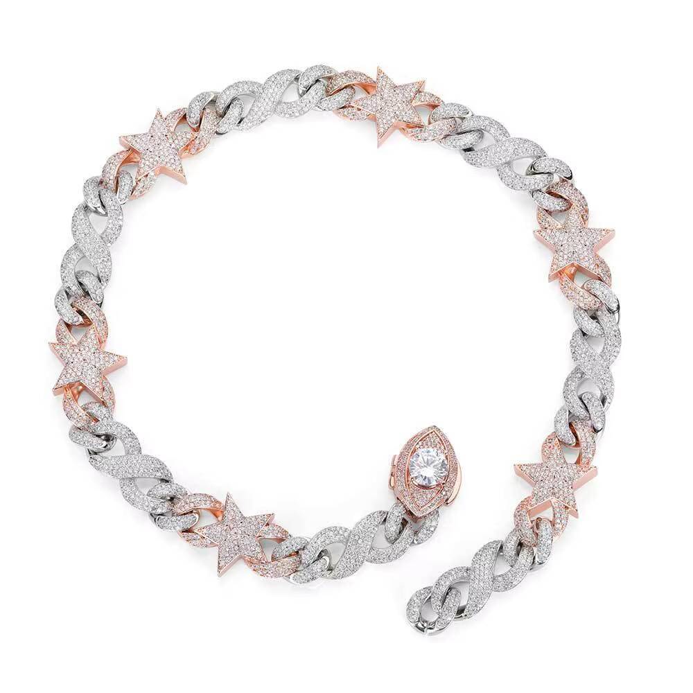 NUOYA Custom Full Pink Silver Star Pendant Necklace 20mm Heavy Miami Cuban Chain Necklace for Men Women