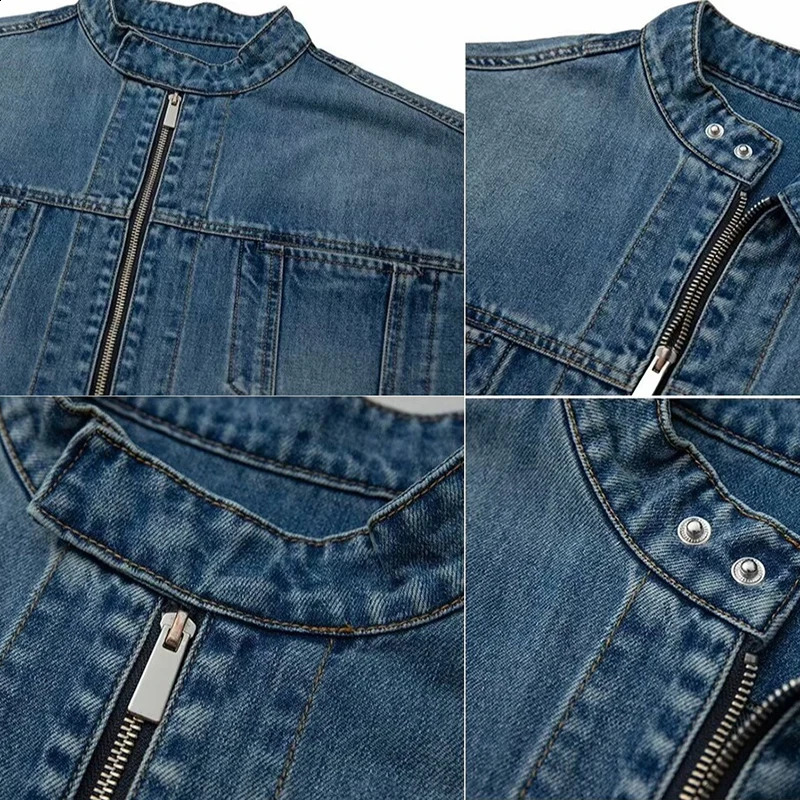 Retro Denim Jacket Autumn American High Street Washed Mens Stand Collar Cowboy Blue Jacket Fashion Jeans Outerwear Work Wear 250919