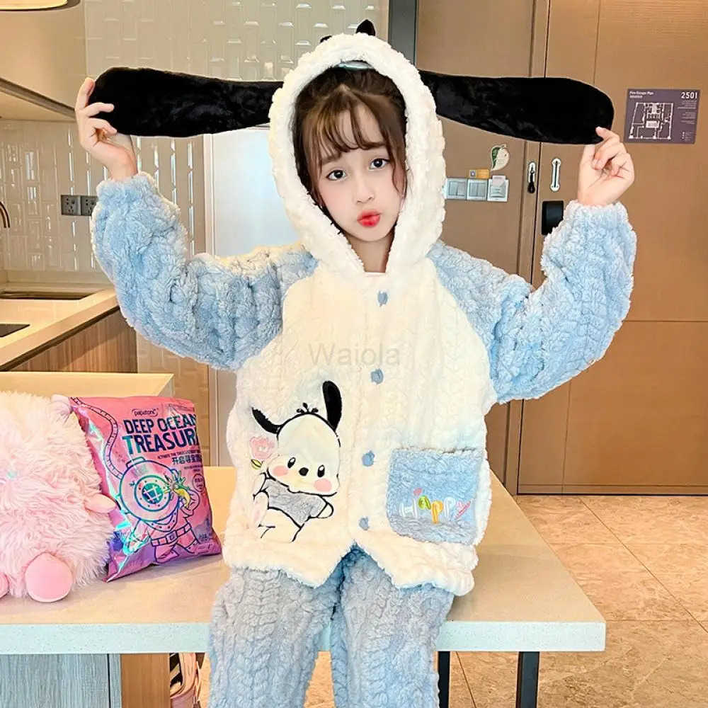 Sanrio 2Pcs Sanrios Cinnamoroll Kuromi Kids Flannel Pajama Kawaii Anime Autumn Winter Girl Boy Fashion Warm Thicken Loungewear Homewear L250919