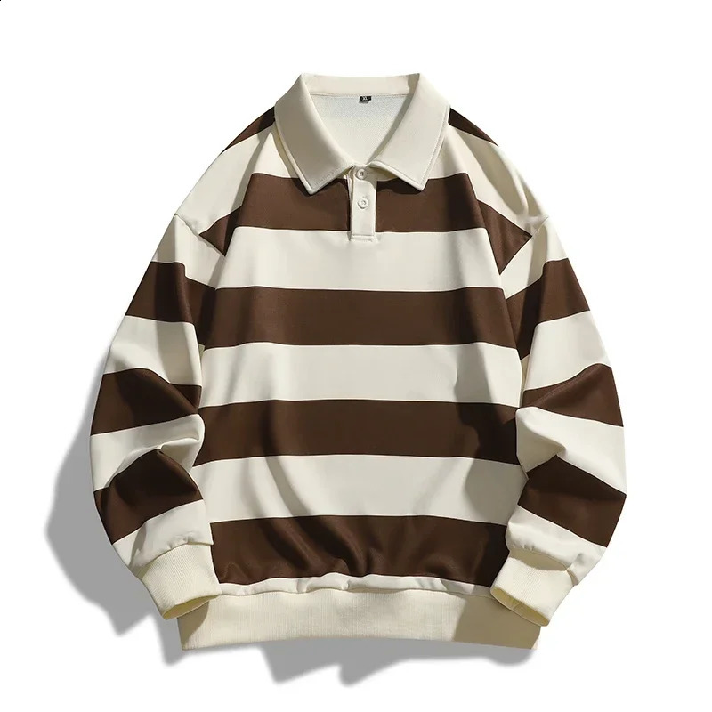 Men Longsleeved Tshirt Autumn Fashion Trend Striped Printing Casual Loose Outdoor Camping Lapel Top Couple POLO Shirt 250919