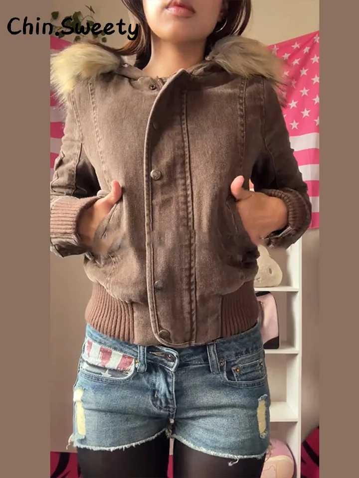 Vintage Womens Cropped Hooded Coats Fur Collar Full Sleeve Single Breasted Pocket Jacket 2025 Autumn Lady Y2K Warm Outwears New Z250918