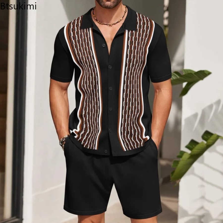 Summer Ice Silk Two Piece Sets for Men Fashion Knitted Jacquard Short Sleeve TopsShorts Male Business Casual Polo Shirts Suit 250916