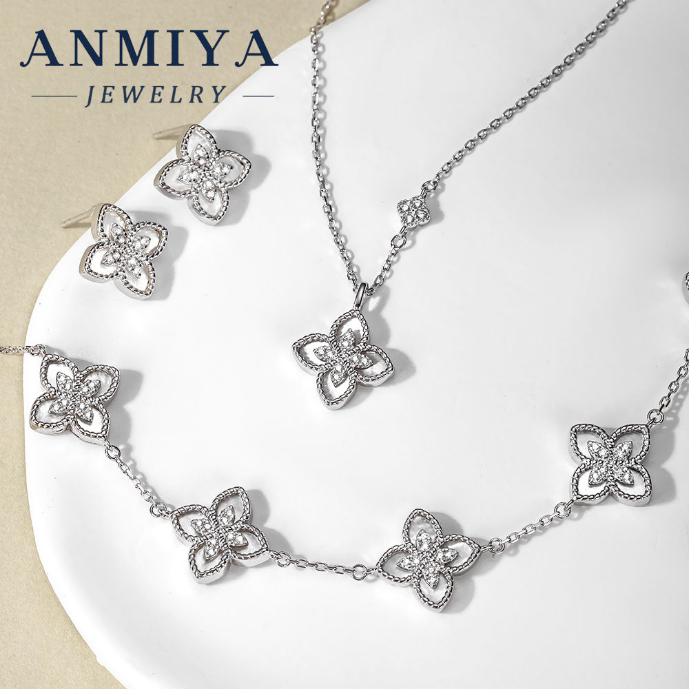 Classic 925 Silver Jewelry Set for Women, Timeless Clover Necklace Bracelet Earrings, Wedding Party