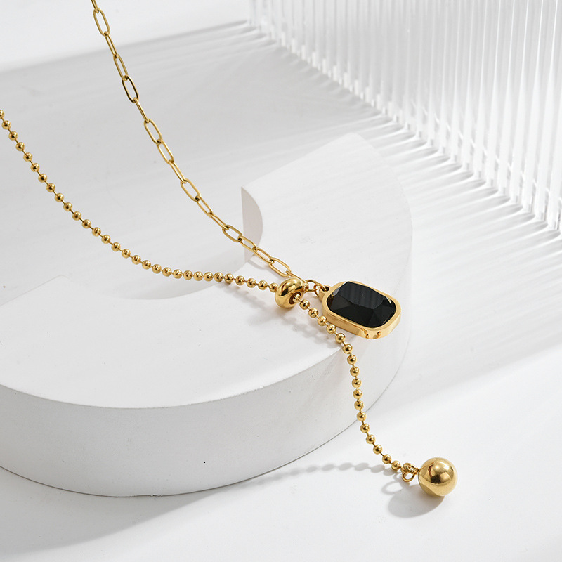 Titanium Steel Black Geometric Pendant Necklace Ins Hip Hop Light Niche Splicing Clavicle Chain Pull-out Round Bead Choker for Women