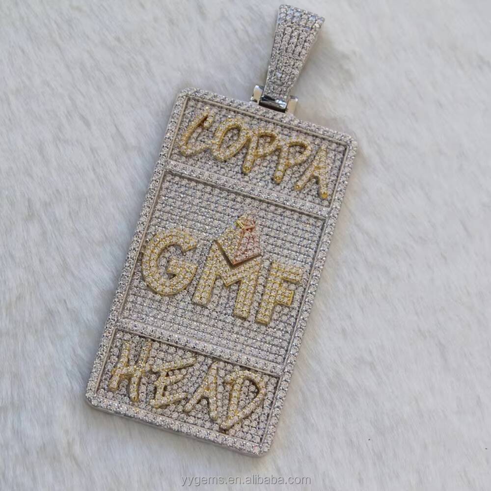 Yu Ying Customization square Cards Tablets 2tone Pendant Iced Out Moissanite Solid Silver Pendant Custom Tag Pendants Jewelry