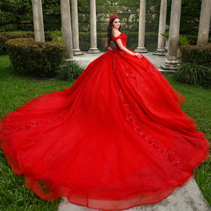 Red Shiny Quinceanera Dresses Off The Shoulder Applique Flower Beads Tull Party Birthday Sweet 16 Dress Vestidos De 15 Anos