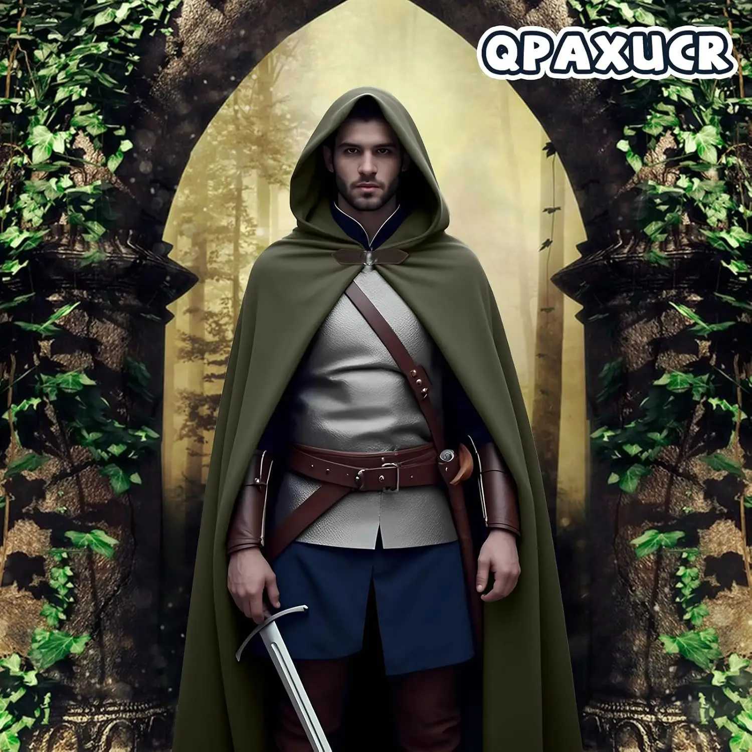 Cloak with Hood MenMedieval Costume Men Round Metal Buckle Cloak with Green Leaf Brooch Necklace for Halloween L250918
