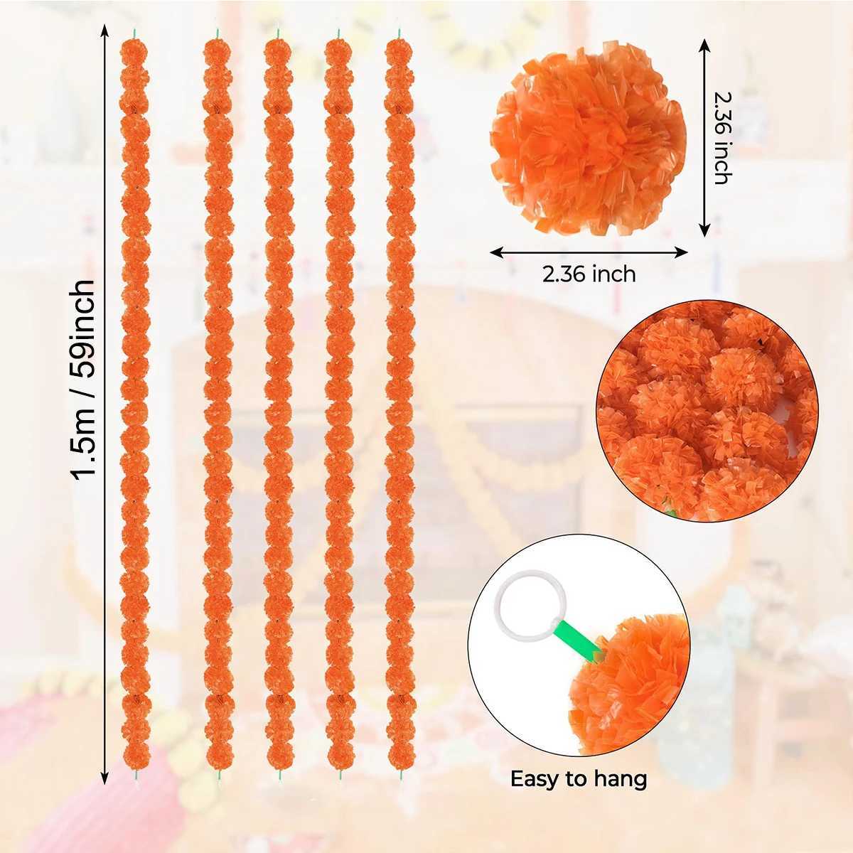 5Pcs Marigold Garland for Decoration15m Artificial Marigold Flowers Diwali Decorations for HomeOrange and Yellow Marigold Hea C250919