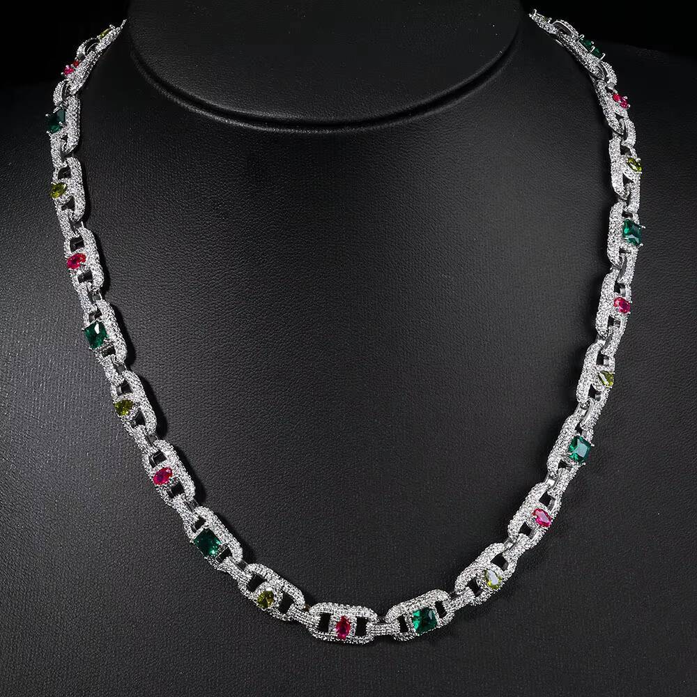 NUOYA Luxury Colorful Moissanite Cuban Chain Necklace Silver Plated Mixed Inlaid Iced Out Diamond Hip Hop Fine Jewelry