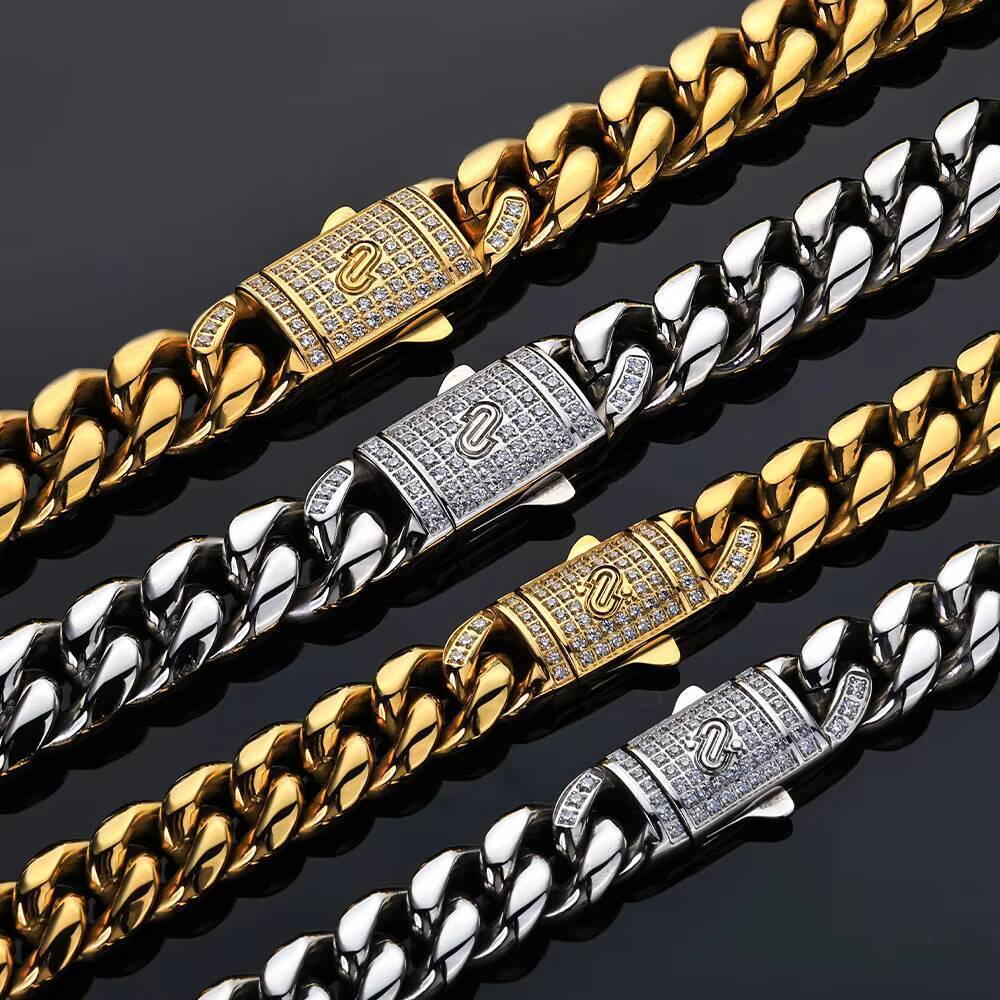 NUOYA Custom Hip Hop Stainless Steel Cuban Chain Iced Out Moissanite Clasp 18K Gold Plated Cuban Link Chain Necklace Fine Jewelry