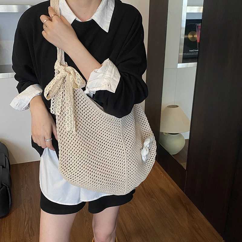 Handmade Crochet Underarm Bag Summer Knitting Womens Shoulder Bag Large Capacity Hollow Out Weaving Beach Bag Mesh Tote Handbag Z250915