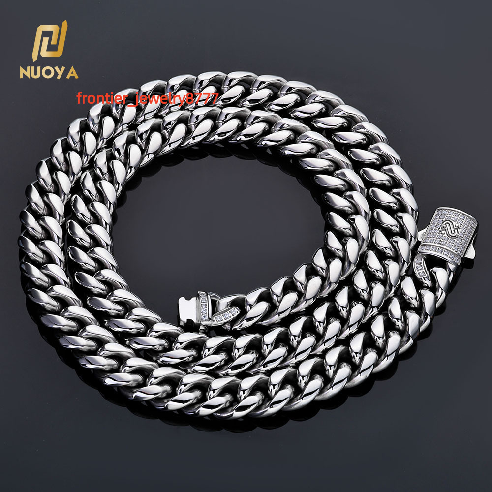 NUOYA Custom Hip Hop Stainless Steel Cuban Chain Iced Out Moissanite Clasp 18K Gold Plated Cuban Link Chain Necklace Fine Jewelry