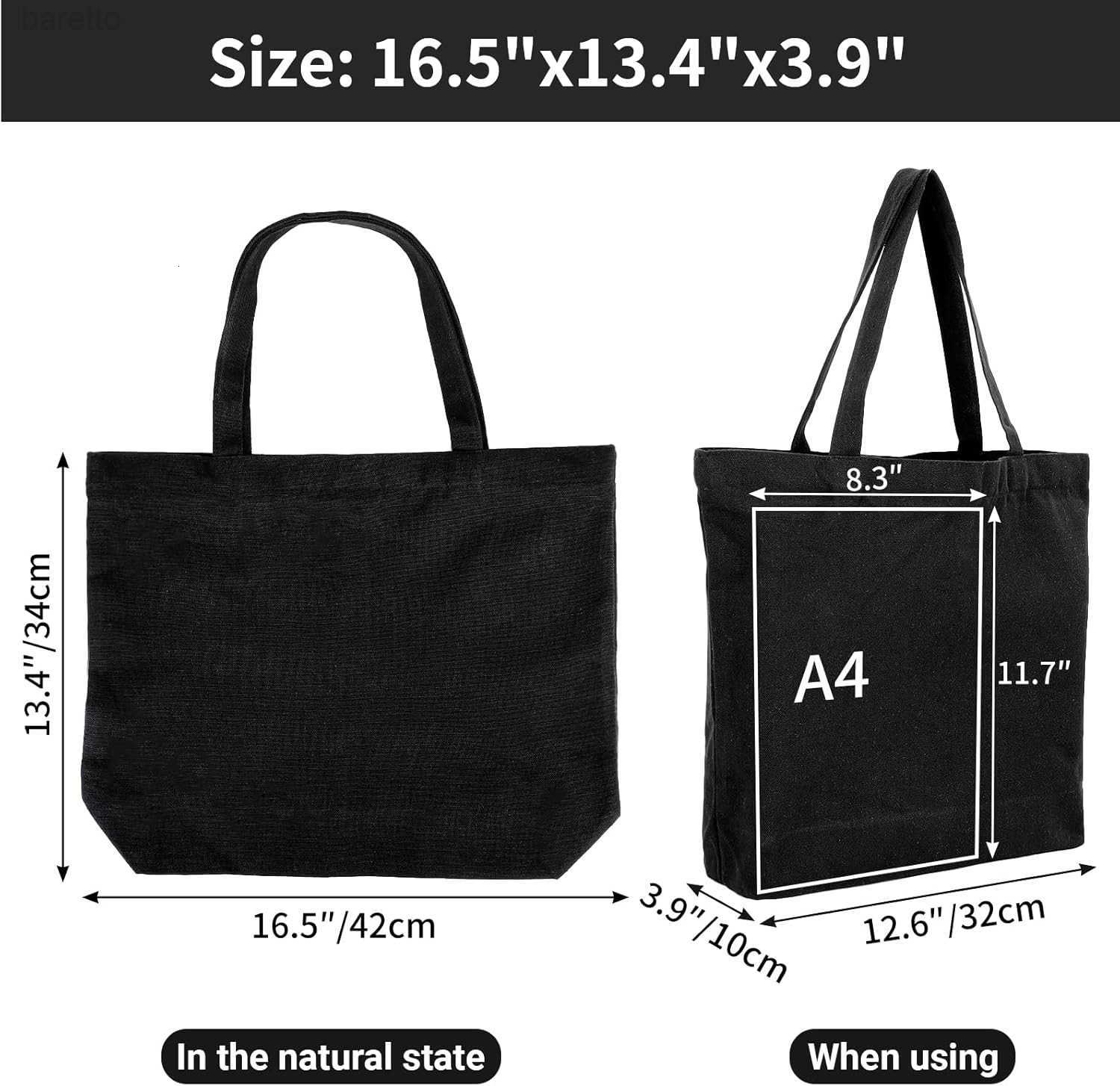 Segarty Blank Canvas Tote Bags 3 Pack 165 x 134 Inches 12Oz Natural Reusable Grocery Shopping Bags Bulk Plain Bag to Decorate Crafts DIY Large Black C