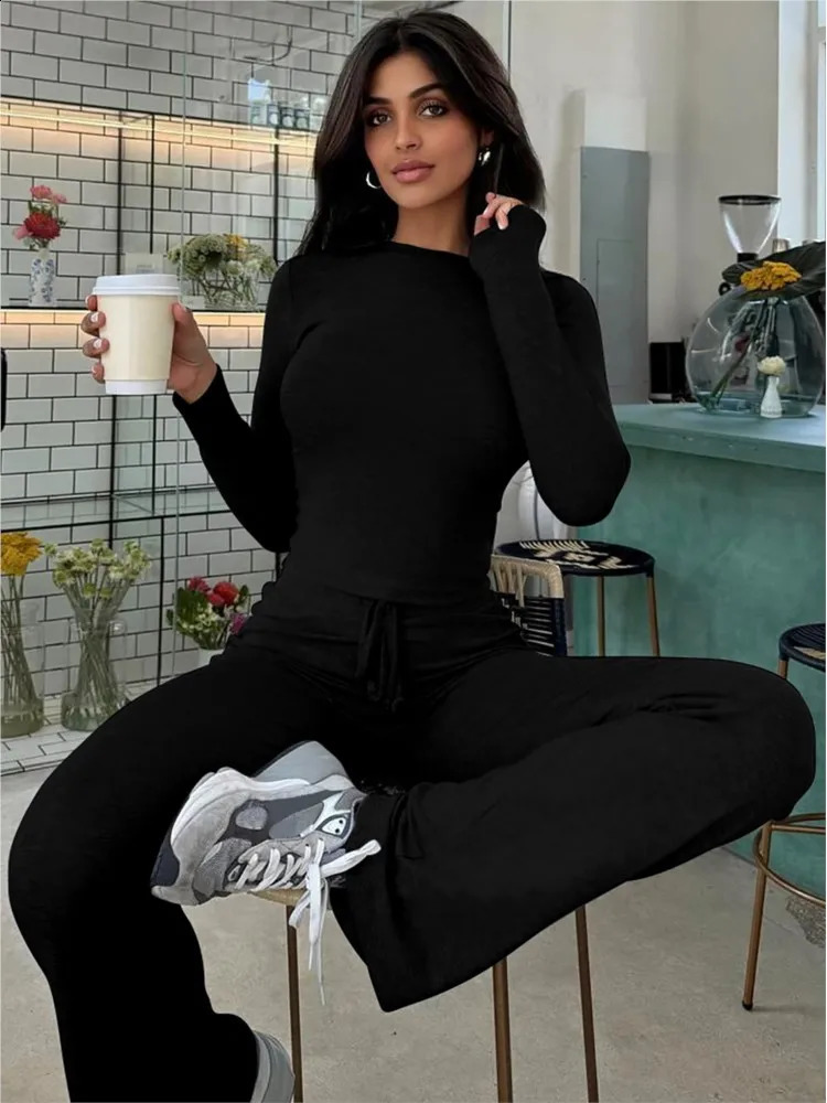 2025 Womens Casual 2 Piece Pants Set Long Sleeves Bodycon Crop Top And Drawstring Flare Pants Matching Set Streetwear Autumn 250917