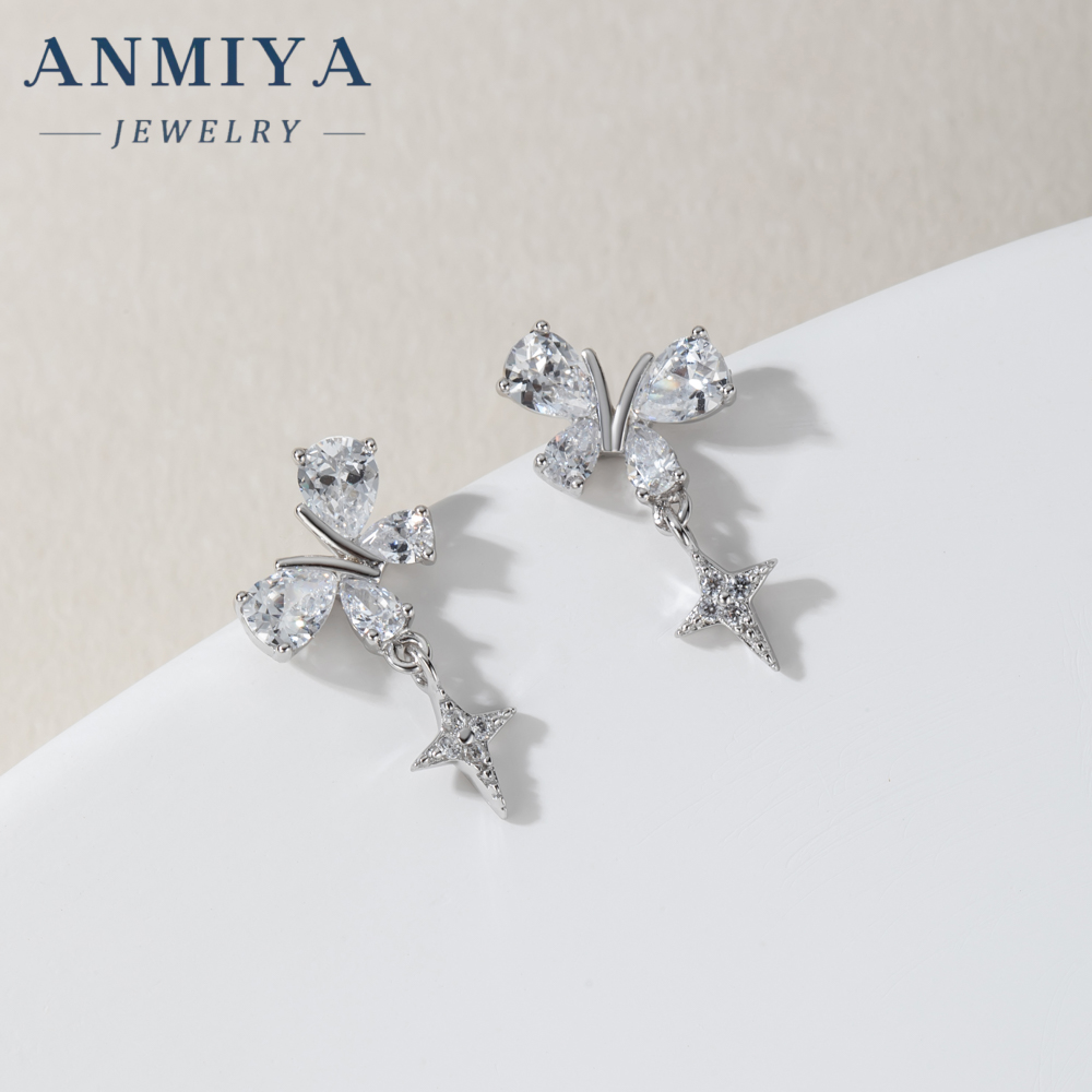 Super Shining Full Zircon Butterfly Stud Earrings for Sweet Girls 925 Silver Plated Rhinestone Women Dangling Star Stud Earrings