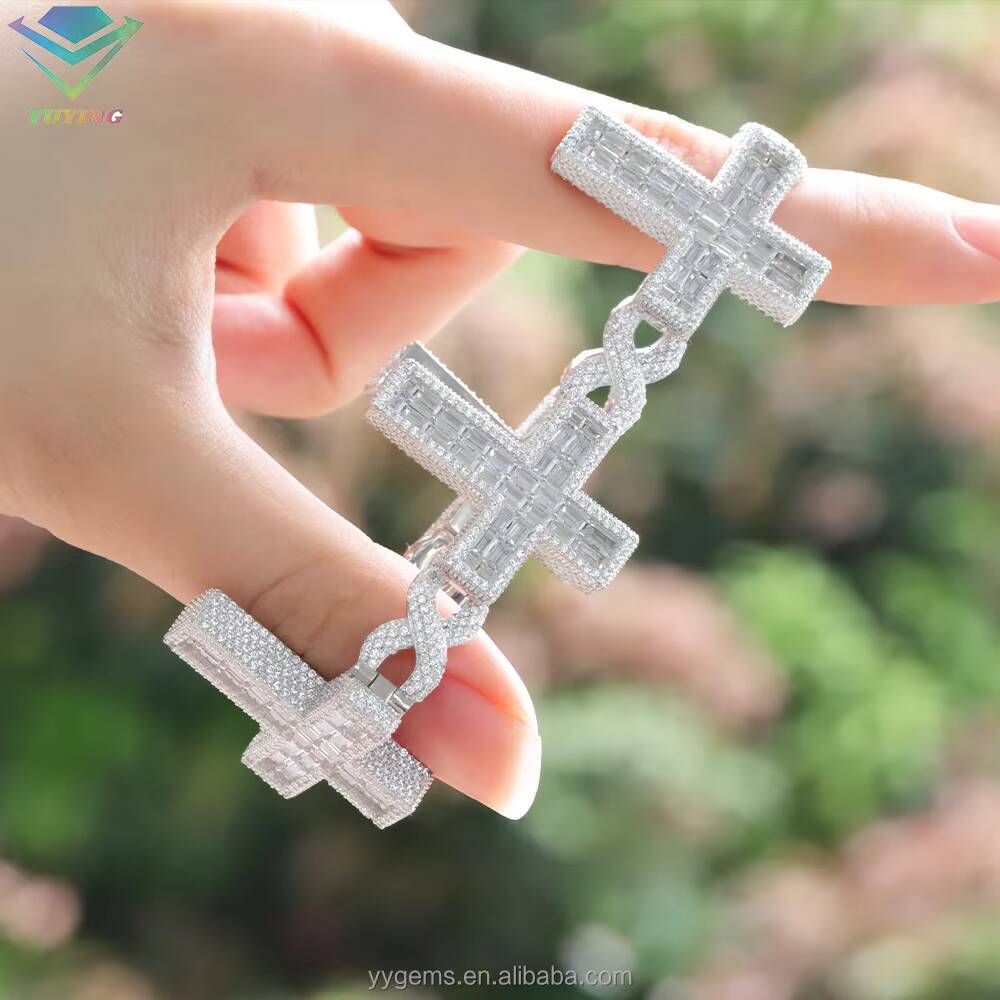 Yu Ying Baguette Moissanite Cross Cuban Link Iced Out Infinity Link Cuban Chains Necklace Mens Silver Fine Jewelry Bracelet