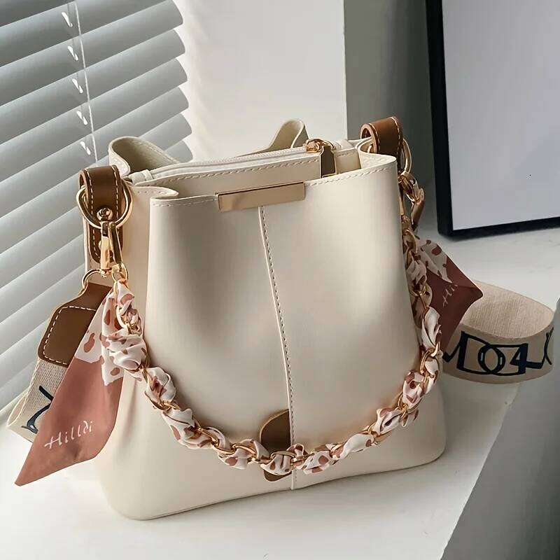New Fashion Women Shoulder Large Capacity Ribbon Chain Bucket Crossbody Bag Daily Commuting