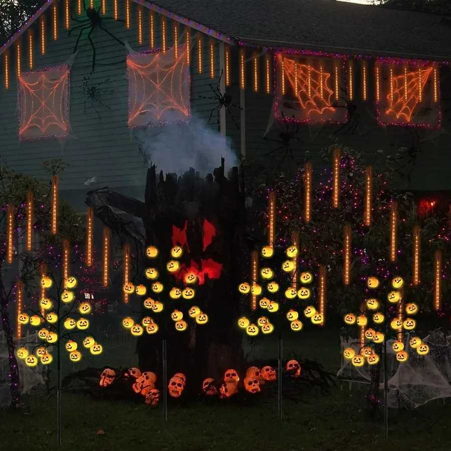 4 Pack 80 LED Halloween Solar Pumpkin Stake Lights for Outdoor Halloween Decorations Orange JackOLantern Pumpkins Solar Pathw C250919