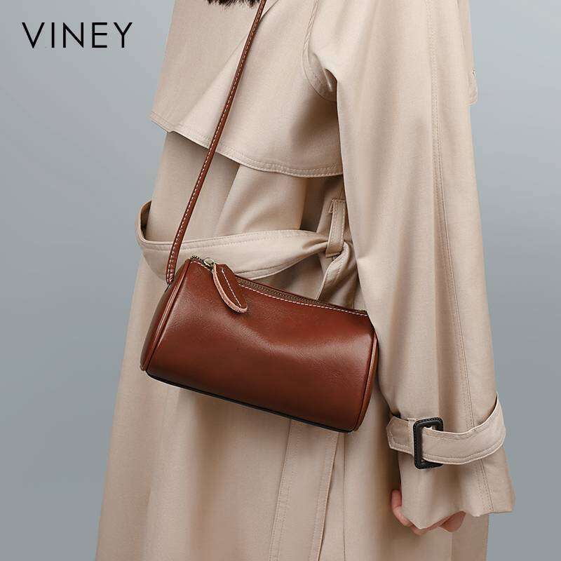 VINEY Ladies 2025 New Messenger Genuine Leather Pillow Cylindrical Women's Fashion Shoulder Bag